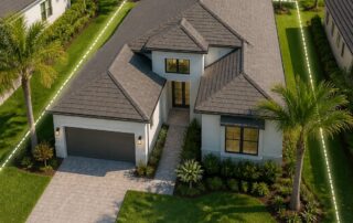 A 3D rendering of a house placed within the boundaries of a lot in a sunny Florida neighborhood with palm trees and green grass.