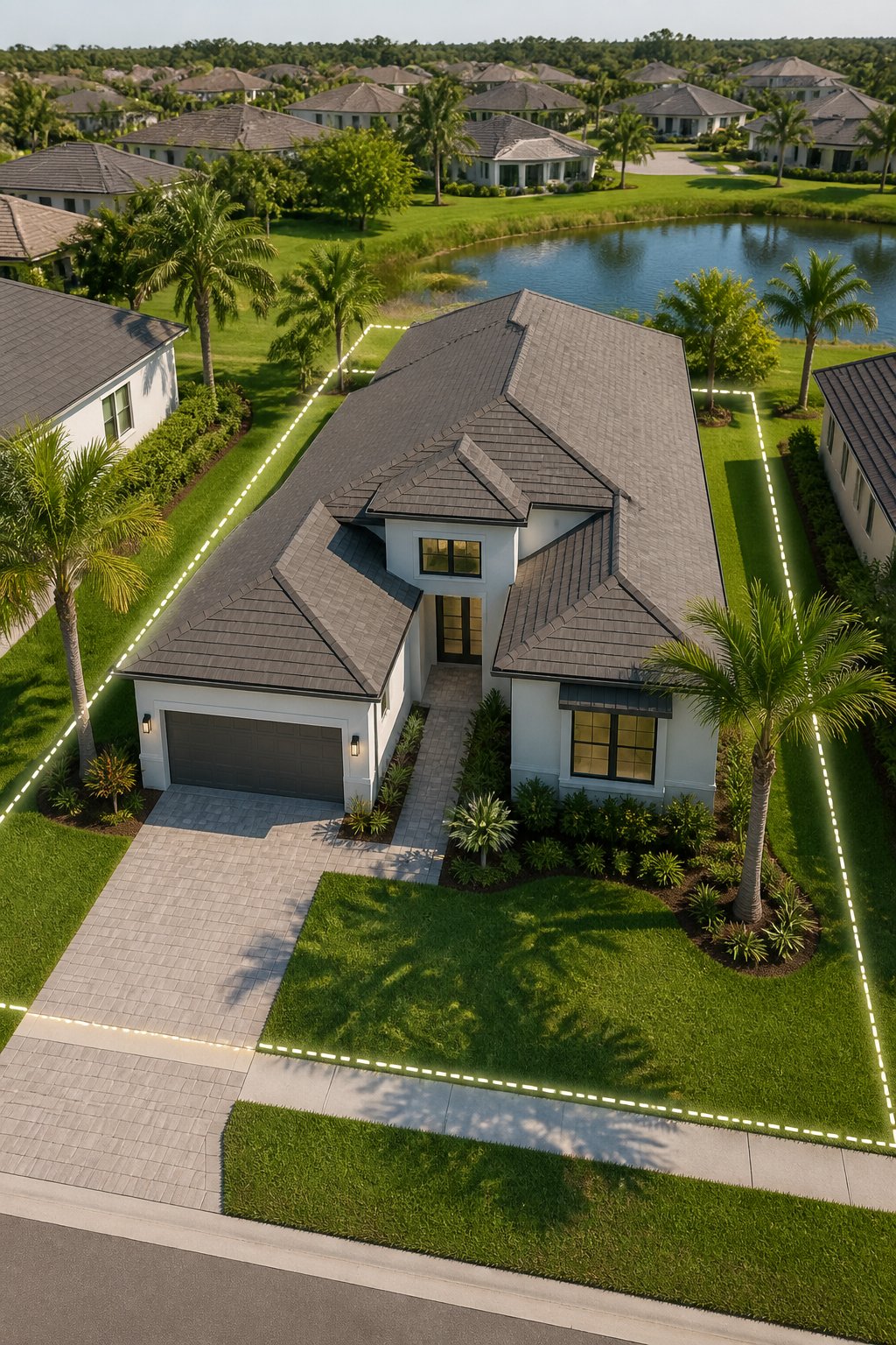 A 3D rendering of a house placed within the boundaries of a lot in a sunny Florida neighborhood with palm trees and green grass.