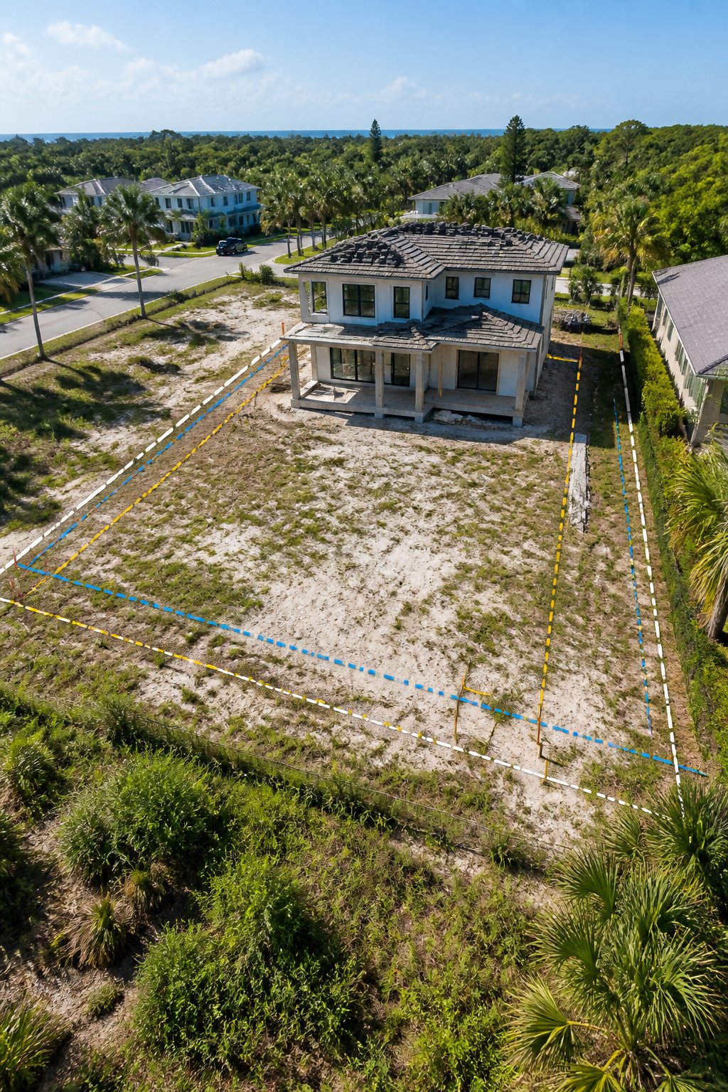 3D rendered scene of a residential lot in St. Johns County, Florida, with a partially built home, marked lot boundaries, palm trees, and neighboring houses under a clear sky.