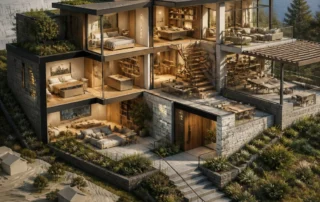 A distinctive custom-designed home is shown beside generic house plans, with personalized spaces, landscaping, and outdoor areas integrated into the site.