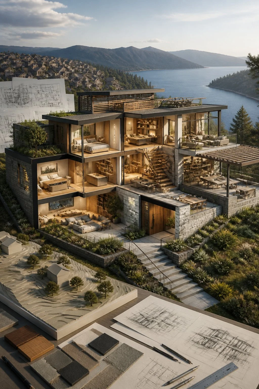 A distinctive custom-designed home is shown beside generic house plans, with personalized spaces, landscaping, and outdoor areas integrated into the site.